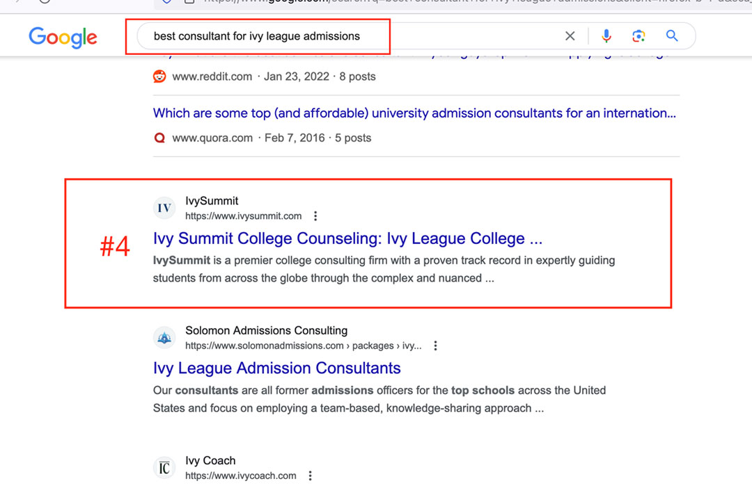 No. 4 for "best consultant for ivy league admissions"